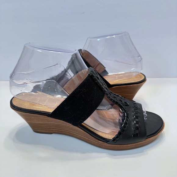 Jack Rogers Shoes - Jack Rogers Black Leather Whipstitch T-Strap Wedge Sandals Womens 7.5M